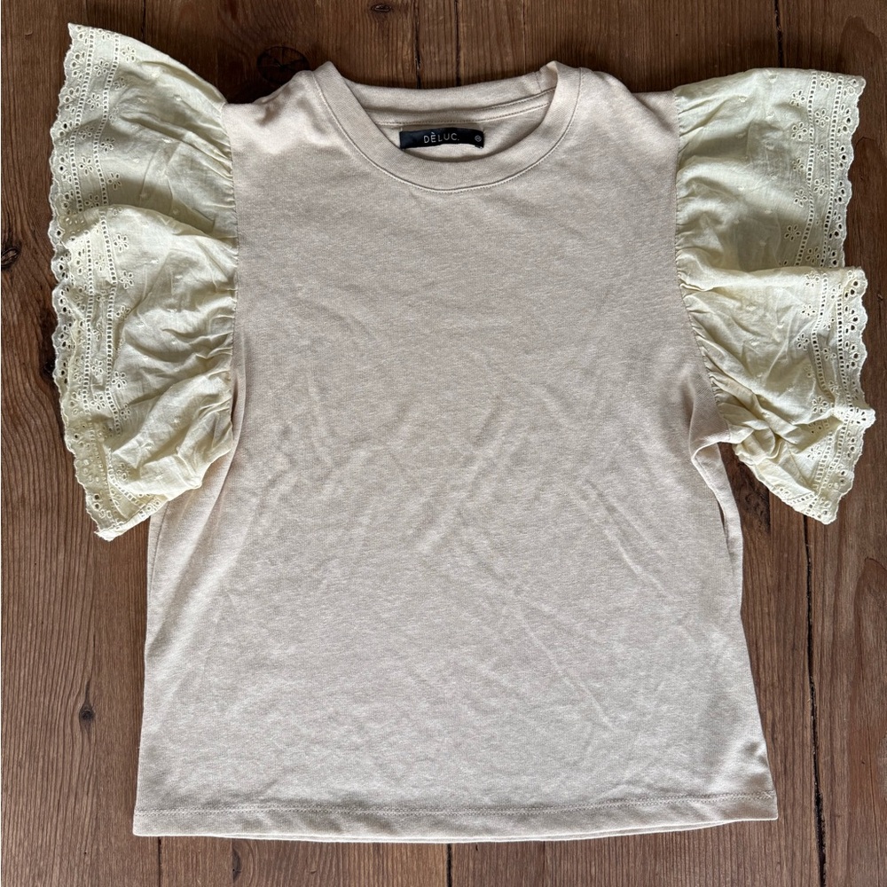 Déluc Beige Eyelet Ruffle Sleeve Tee
